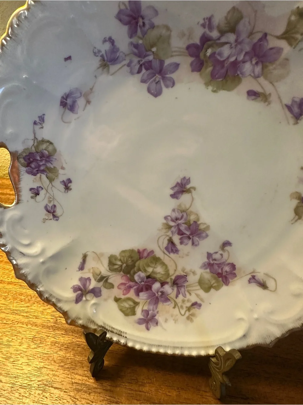 Vintage White Porcelain Serving Platter with Purple Floral Decal and Gold Trim
